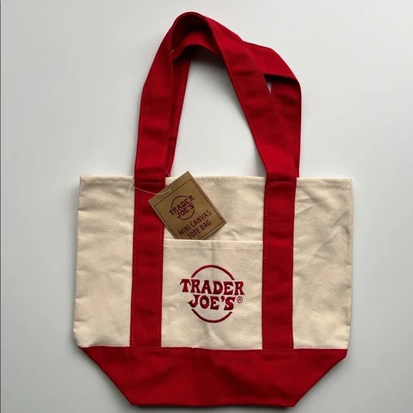 NWT Trader Joe’s Mini Canvas Tote Bag - Limited Edition Red & Cream - Picture 4 of 12